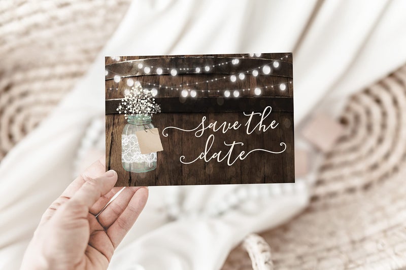 Your Main Event Prints 50 Rustic Mason Jar Save The Date Cards for Wedding, Engagement, Anniversary, Baby Shower, Birthday Party, Wood Save The Dates Postcard Invitations - Image 5